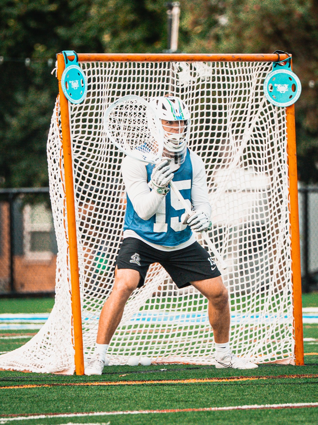 Lacrosse goalie set in the cage